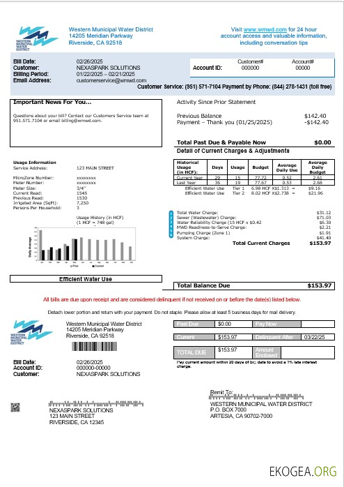 Modèle de facture de services publics pour les entreprises du Western Municipal Water District des États Unis aux formats Word et PDF